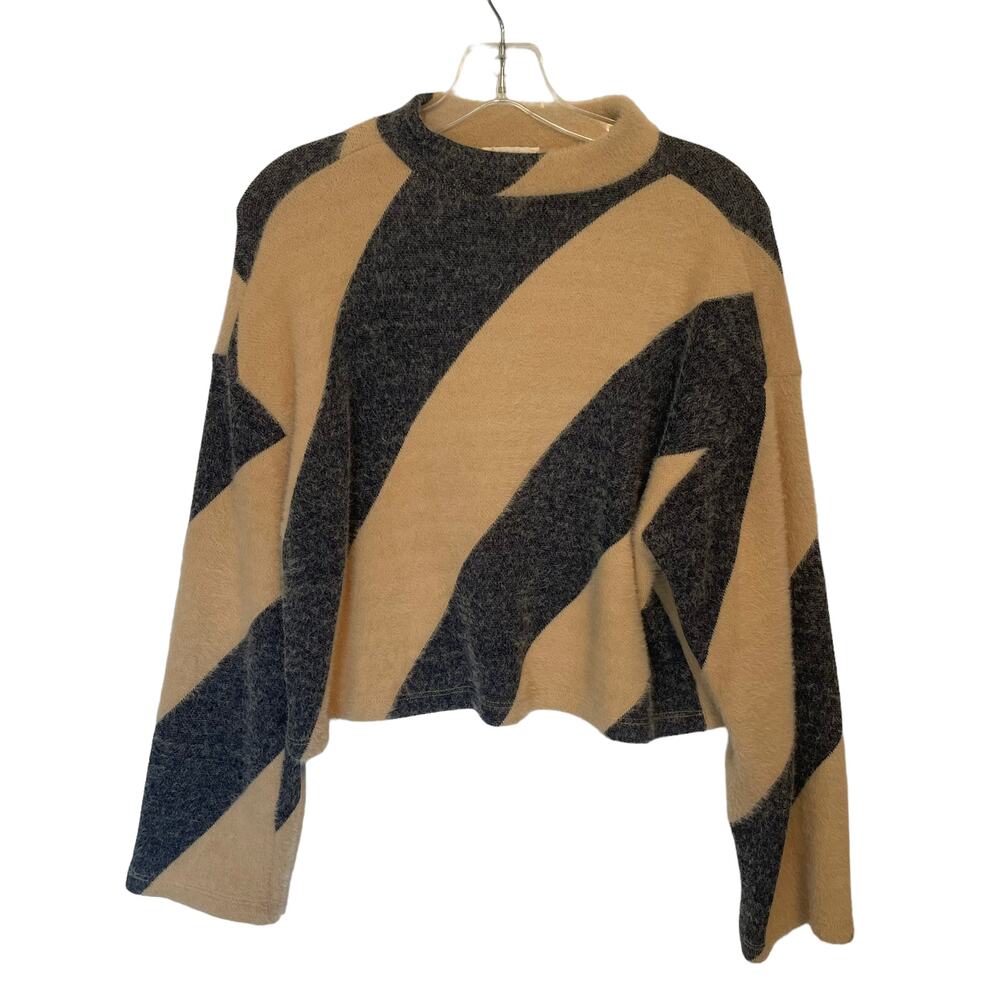 Anthropologie Diagonal Stripe Fuzzy Sweater in Beige and Charcoal - Picture 2 of 10